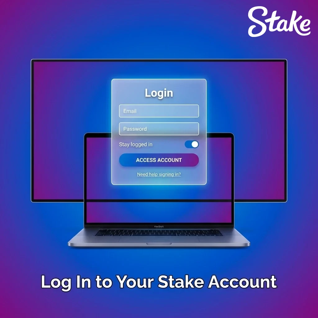 Stake account login page showing email and password fields with step-by-step sign-in instructions for existing users