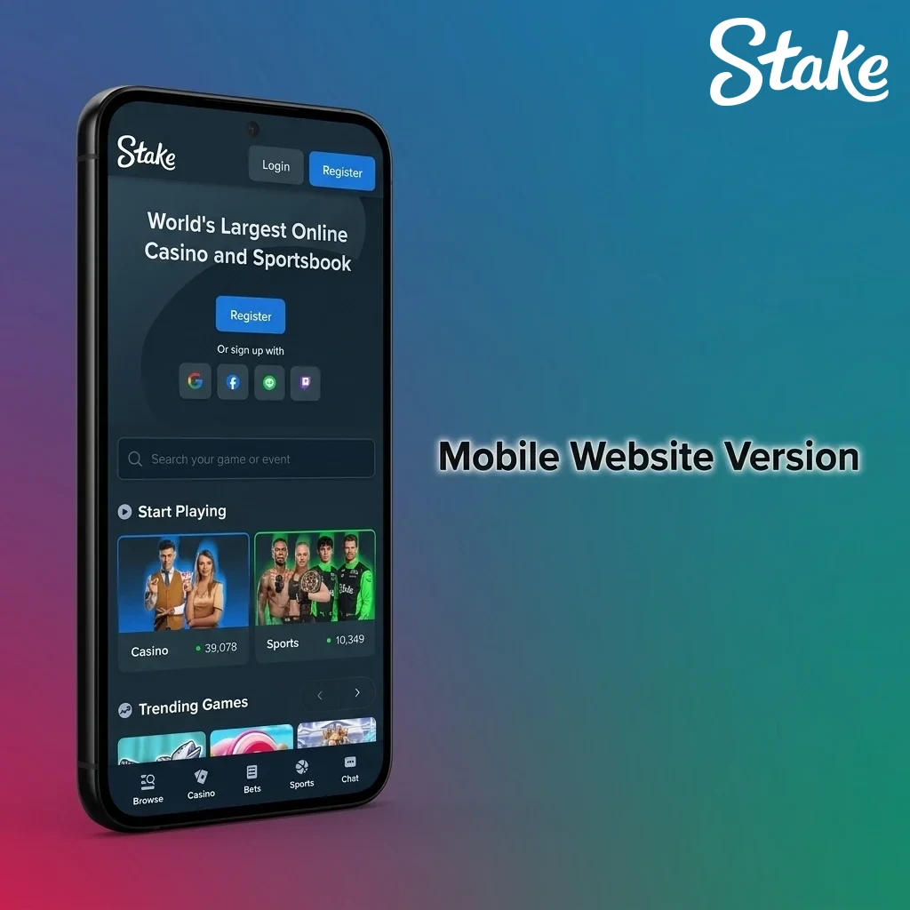 Stake mobile website interface showing casino and sportsbook access with no installation required across all devices