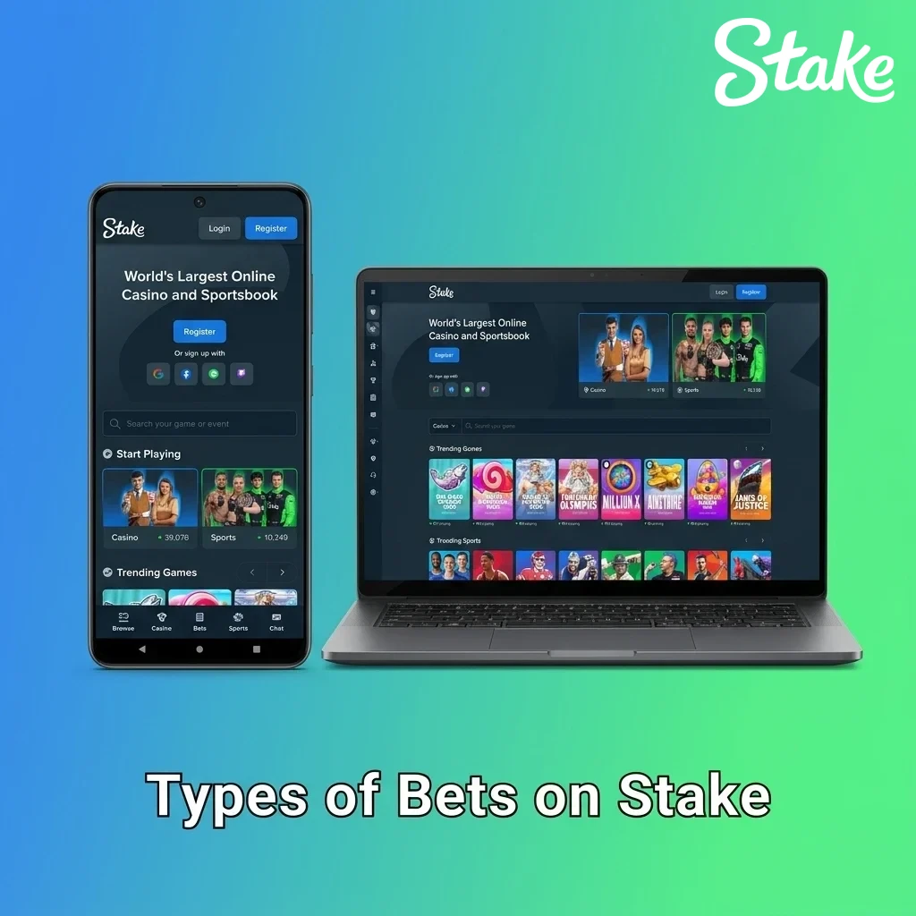 Types of bets on Stake India including single, parlay, system, and accumulator bets across sports and eSports